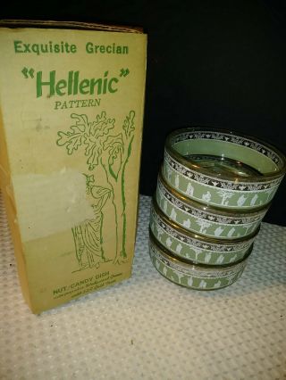 4 Jeanette Glass Hellenic Green Wedgwood Nut Dessert Candy Dish 22k Gold Trim