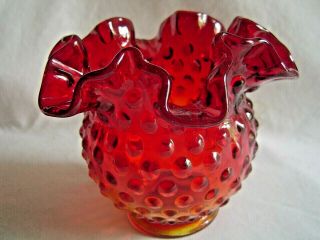 Fenton Glass Hobnail Amberina Rose Bowl Vase Ruffled Edge 4 1/2 "