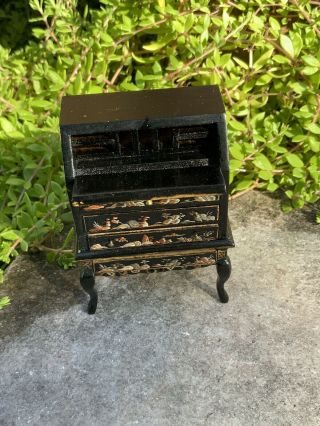 Vintage Black Lacquer Asian Dollhouse Miniature Secretary Desk Cabinet