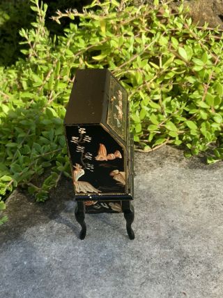 Vintage Black Lacquer Asian Dollhouse Miniature Secretary Desk Cabinet 2