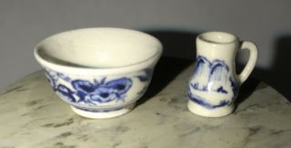 Vintage Artist Jean Tag Asian Blue Willow? Bowl And Mug Dollhouse Miniature 1:12
