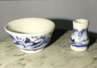Vintage Artist JEAN TAG Asian Blue Willow? Bowl And Mug Dollhouse Miniature 1:12 2