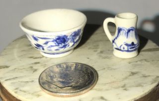 Vintage Artist JEAN TAG Asian Blue Willow? Bowl And Mug Dollhouse Miniature 1:12 3