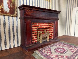 Antique Dollhouse Miniature Colonial Fireplace With Andirons And Logs Germany