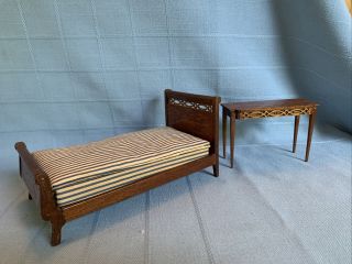 Vintage Dollhouse Furniture Wooden Bed And Table Artisan Made 1:12 Lynnfield
