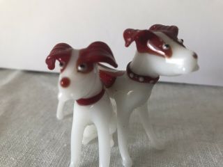 Pair Vintage Hand Made Blown Glass Miniature White And Red Dogs Japan