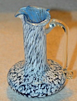 Vintage Pilgrim Miniature Glass Pitcher With Applied Handle Spatter Paint Blue