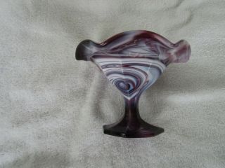 Vintage Imperial Glass Purple White Swirl Slag Glass Compote Pedestal Ruffle Rim 3