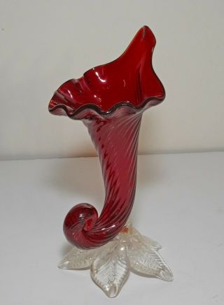 Vintage Mid Century Murano Italian Art Ruby Red Glass Cornucopia Horn Vase
