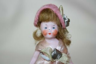 Miniature Dollhouse Antique All Bisque German Little Girl Doll In Ribbon Dress