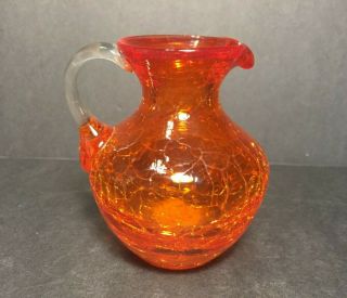 Hand Blown Crackle Glass Creamer Pitcher Vase Jug Tangerine Orange Clear Handle 2