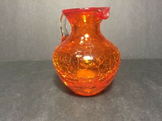 Hand Blown Crackle Glass Creamer Pitcher Vase Jug Tangerine Orange Clear Handle 3