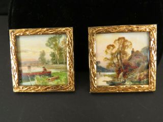 2 Antique Miniature Dollhouse Watercolor Paintings 5 Cm.  X 5 Cm.  Marked Germany
