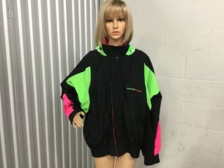 Thee Dollhouse Team Jacket Black & Neon Hooded Windbreaker Large