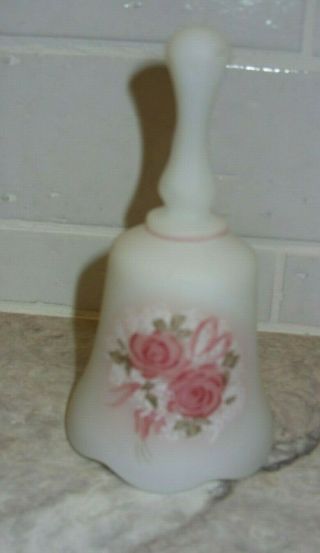 Fenton Custard Color Bell Hand Painted Pink Flowers Signed W Fenton Label Short