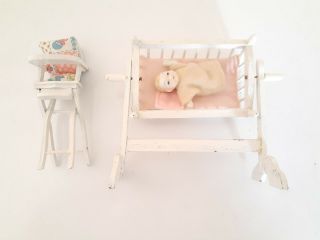 Vintage Dollhouse Miniature 1:12 Rocking Crib W/ Baby & High Chair White Wood