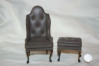 Miniature Dollhouse Jeffrey Steele Tufted Leather Chair & Ottoman Brown Putty Nr