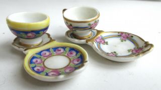 4pc Miniature Vintage Hand - Painted Porcelain Tea Cup & Saucer Set