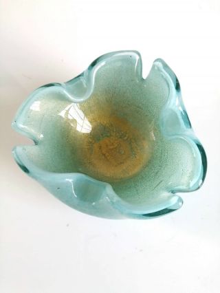 Vintage Murano Sommerso Pale Blue Turquoise Gold Centre Snipped Rim Tricorn Bowl