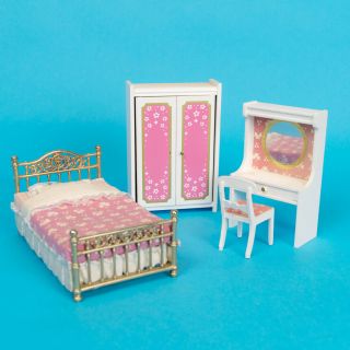 Vintage Lundby Doll House Furniture 9705 & 9706 Bedroom Suite With Brass Bed