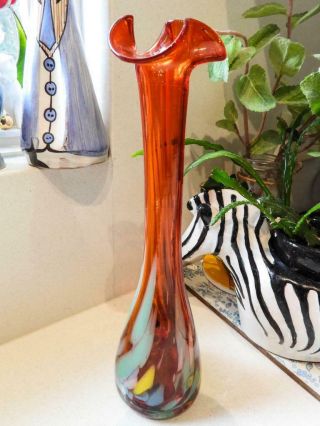 Art Glass Fluted Tall Neck Vase - Hand Blown Shades Of Red,  Green,  Glue & Yellow
