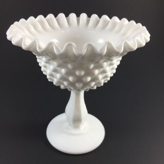 Vintage 6 " Tall White Milk Glass Hobnail Vase Ruffled Top Fenton
