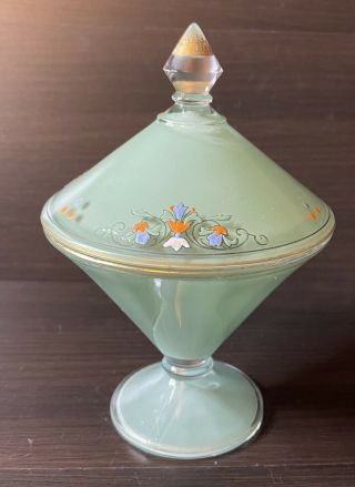Vintage Green Frosted Glass Reverse Painted Floral Jar Candy Dish With Lid 7.  5 "