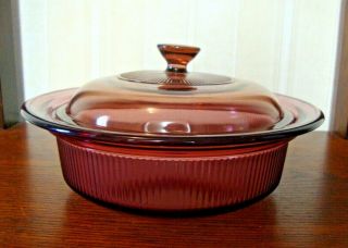 Corning Ware " Vision " Cranberry 1 Quart Ribbed Casserole Dish (v - 31 - B) With Lid