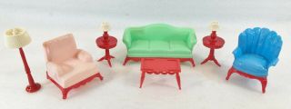 9 Pc Vintage Renwal Hard Plastic Doll House Living Room Set 1940 - 50s Gc