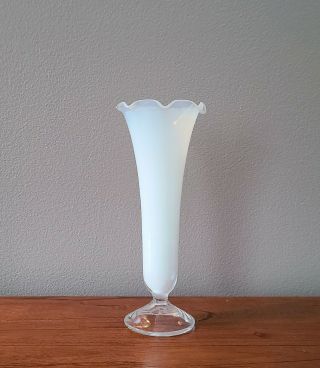 Vintage White To Clear Ruffle Top Pedestal Vase 8 1/2 " Tall