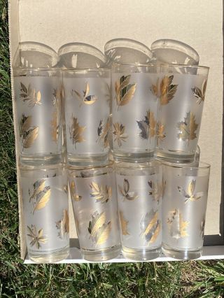 Set Of 8 Vintage Libbey Frosted Gold Leaf Tall Iced Tea Glasses Mid Century