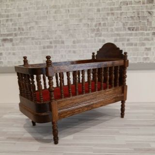 Dollhouse Miniature 1:12 Carved Wooden Vintage Baby Bed / Crib