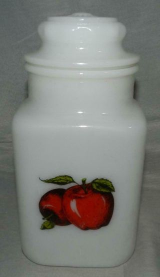 Vintage Glasbake Jeanette Glass 9 - 1/2 " Milk Glass Canister Apple Design