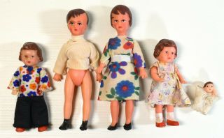 Vintage Ari German Rubber Dollhouse Family Of 5 Dolls