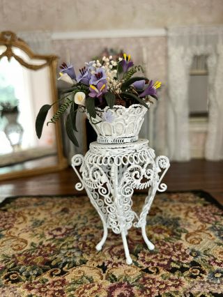 Vintage Miniature Dollhouse Artisan Metal Wire Plant Stand With Sculpted Flowers