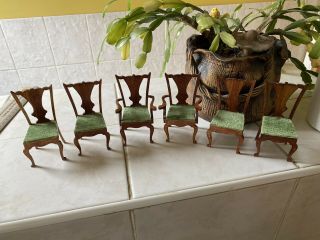 Dolls House Handmade Vintage Set Of Four Chairs And Two Carvers No Maker 1.  12