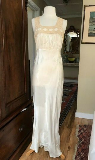 Vtg 1940s Cream Satin And Lace Gown 34 Silk Nightgown Bias Cut Wedding Trouseau