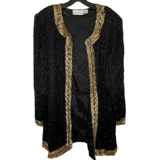 Vtg Laurence Kazar Open Jacket Sz 2x 100 Silk,  Sequins,  Beads,  Gold Trim,  Black