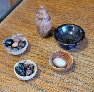 Artisan Dollhouse Miniatures Wooden Bowl (4) - Vase W/lid - Nuts/acorns - Signed