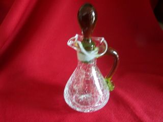 Vintage Hand Blown Blenko Clear Crackle Glass Cruet With Olive Green Stopper