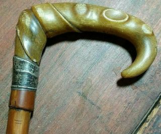 Vtg Carved Wood Wooden Walking Stick Cane W Silver & Horn Handle