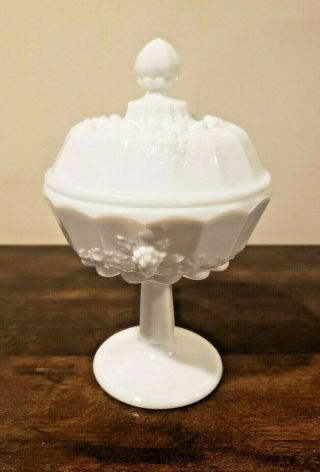 Vintage Westmoreland Milk Glass Compote Lidded Candy Dish Grape Pattern