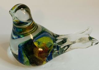 Vintage Murano Style Art Glass Bird Paperweight Hand Blown Clear W/bright Colors