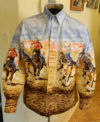 Rare Wrangler Rodeo R Langford Texas Cowboy Roping Steer Western Vtg Shirt Sz M