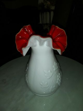 Sweet Ruffled Milk Glass Vase With Red Cased Glass Kanawha?