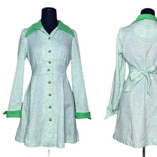 Vintage 60s Green Space Dye Mod Gogo Mini Dress S Small Button Front Long Sleeve