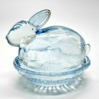 Vintage Le Smith Blue Glass Bunny Rabbit On A Nest,  Covered Candy Dish 4 1/2 " L