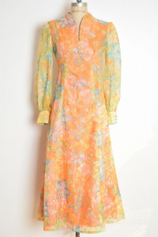 Vintage 70s Dress Orange Floral Print Chiffon Long Maxi Hippie Boho S M