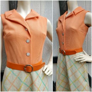 Vintage 60s 70s Bleeker Street Mod Sleeveless Collared Orange Cream Green Dress