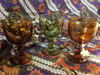 Vintage Imperial Glass Ohio 3 Green & Amber Hoffman Pattern Water Goblets Usa